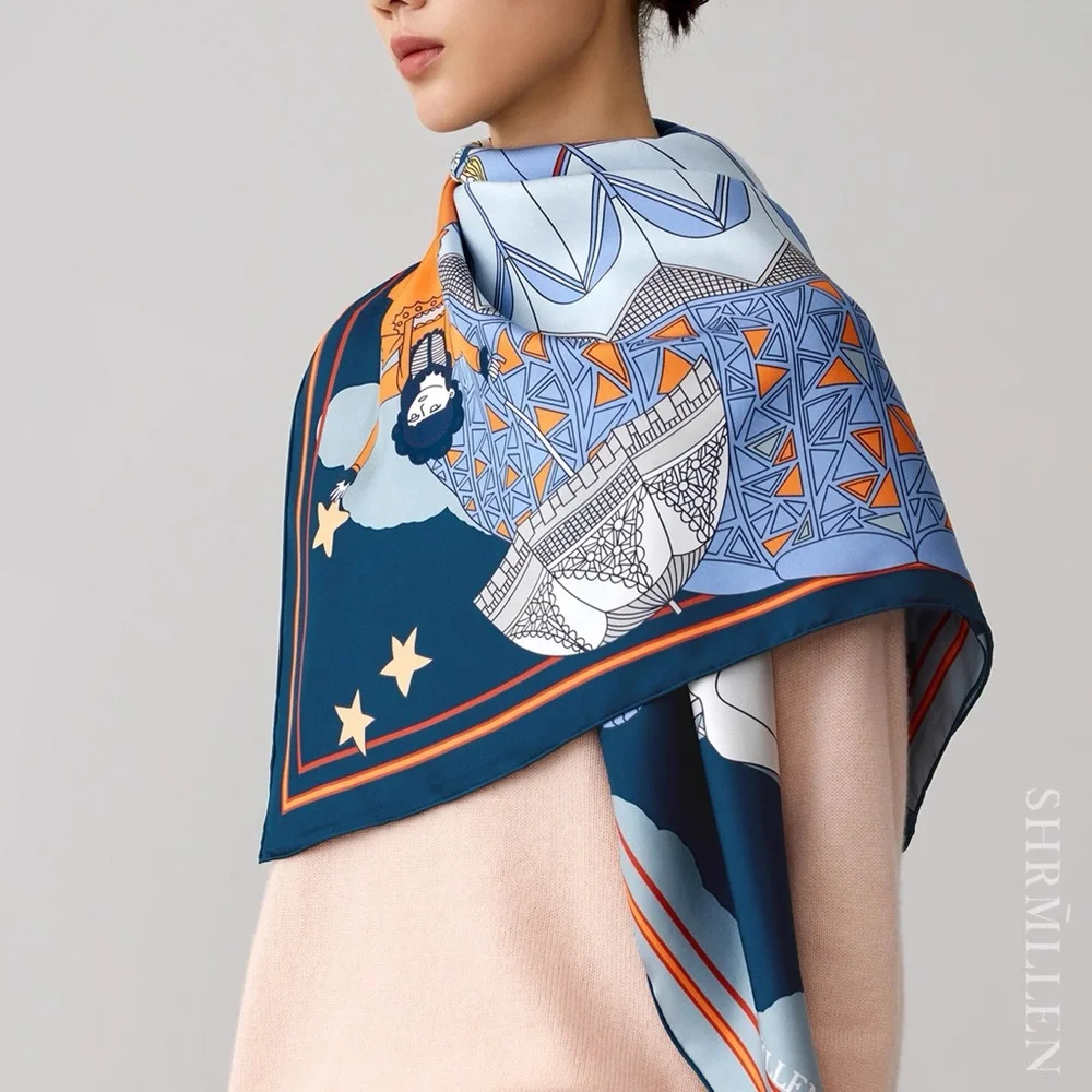 Flying Print 100% Silk Scarf Aviation Design – 135cm